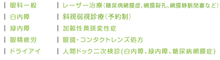 眼科一般 白内障 緑内障 眼精疲労 ドライアイ レーザー治療(糖尿病網膜症、網膜裂孔) 斜視弱視スクリーニング 加齢性黄斑変性症 眼鏡・コンタクトレンズ処方 人間ドック二次検診(白内障、緑内障、糖尿病網膜症)